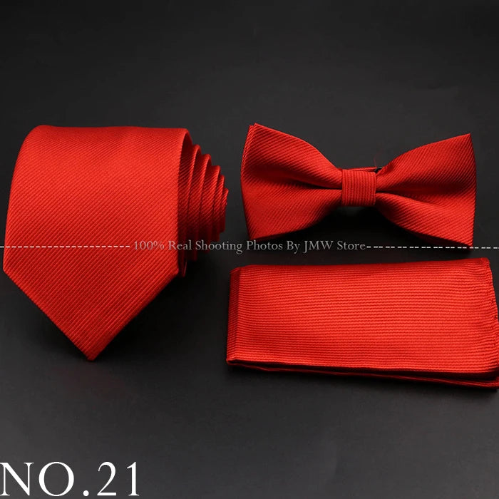 Hot Sale Red Blue Tie Set Polyester Slim Striped Necktie Bowtie Cufflink Brooch For Groom Suit Wedding Cravat Shirt Accessory