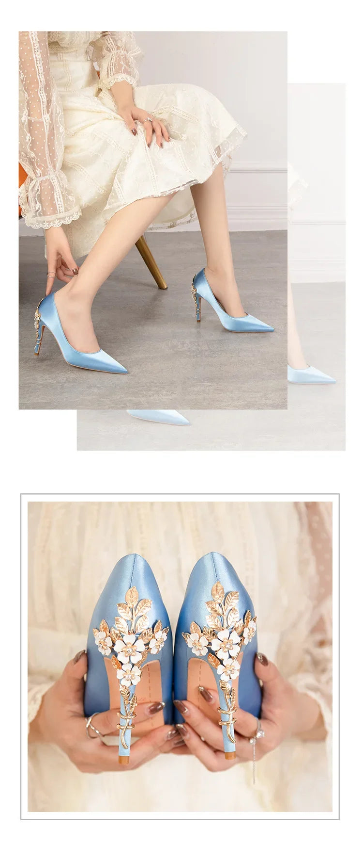 Women's Metal Flowers Stiletto High-heel Shoes Female Light Luxury Sexy Fashion Wedding Shoes Pointed Toe Satin Single Shoes
