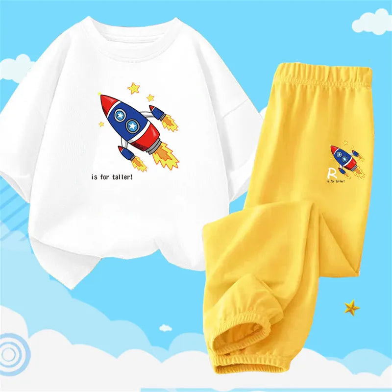Boys Summer Clothes Set Kids Cartoon Space T shirts+Loose Harlan pants Suit 2PCS Pack Teens Sports Clothing Sets