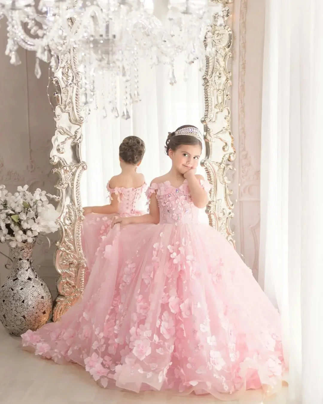 Pink 3d Applique Flower Girl Dress For Wedding Off Shoulder Luxurious Pearls Tulle Child First Eucharistic Birthday Party Dress