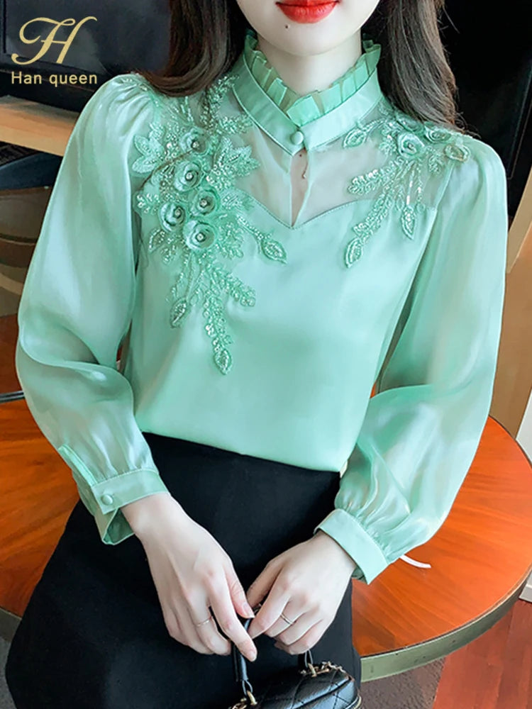 H Han Queen Elegant Autumn Shirt Embroidery Beads Chiffon Simple Office Blouse Loose Tops Long Sleeve Casual Blouses Women