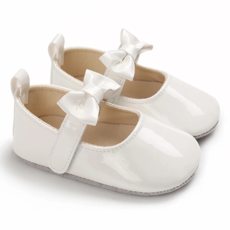 VALEN SINA 0-18 Months Newborn Girl White Baptism Shoes Bow Non-slip Rubber Soft-Sole Flat PU First Walker Mary Janes