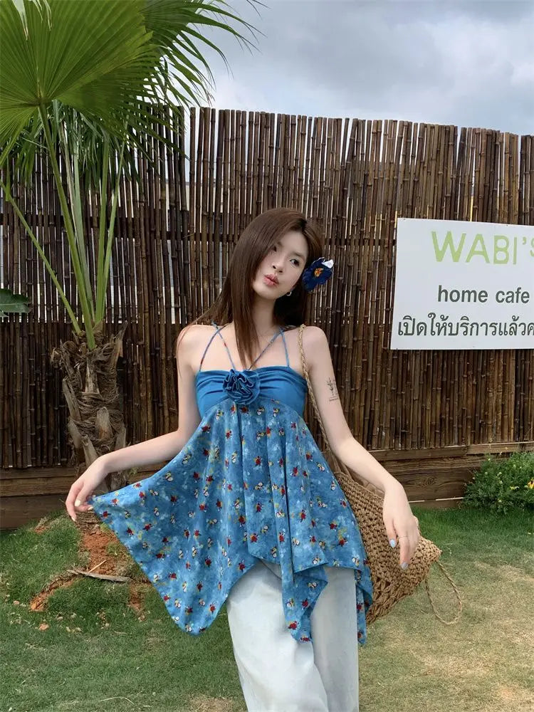 Korejpaa Retro Floral Irregular Camisole Vest Women Summer Blue Three Dimensional Flower Design Y2k Top Outwear Clothesトップス