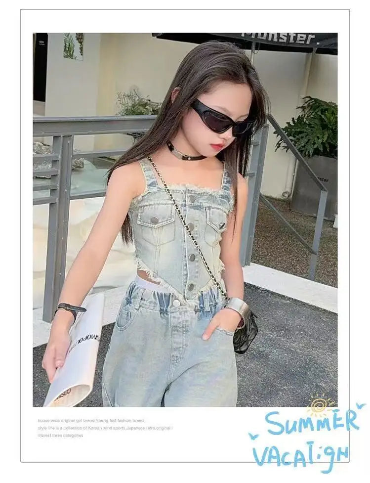 Girl Summer 2025 Halter Vest Ripped Wide-Leg Pants Two-Piece Set Kids Casual Harbor Flavor Simple Style