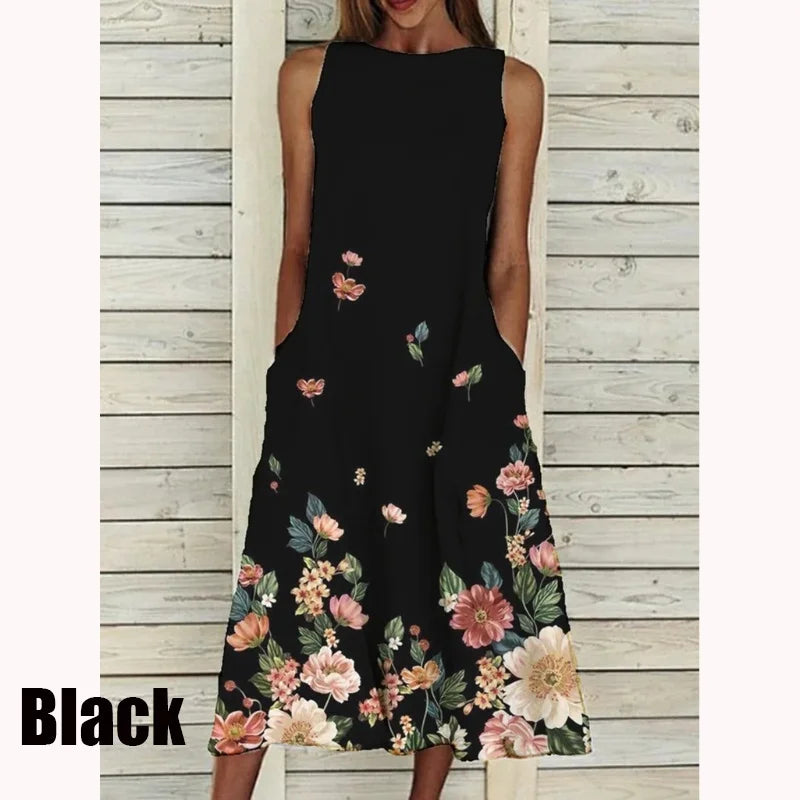 2023 Summer Women Clothing Fashion Elegant Sleeveless Print A-Line Dress Round Neck Casual Party Dresses Girls Sweet Dress