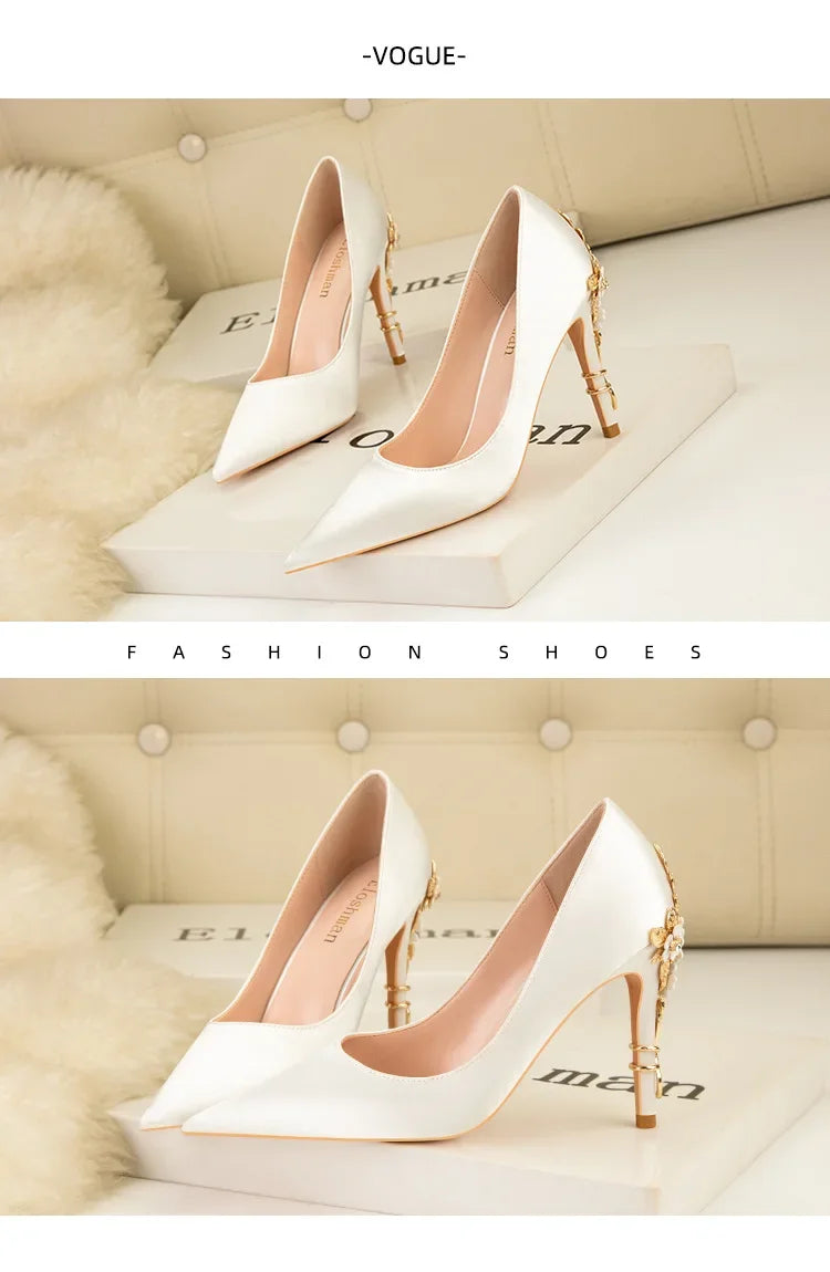 Women's Metal Flowers Stiletto High-heel Shoes Female Light Luxury Sexy Fashion Wedding Shoes Pointed Toe Satin Single Shoes