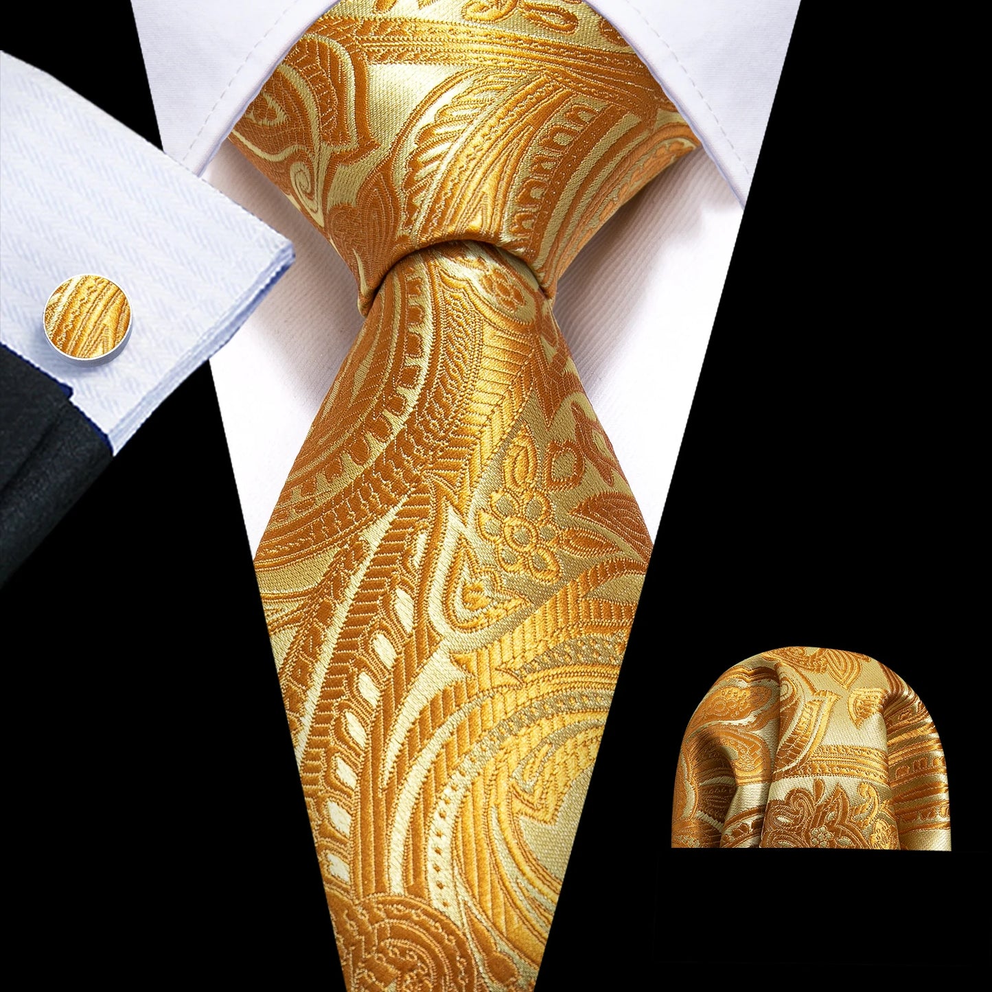 Barry.Wang Gold Beige Yellow Brown Tulip Silk Men Tie Handkerchief Cufflink Set Jacquard Necktie for Male Wedding Business Party