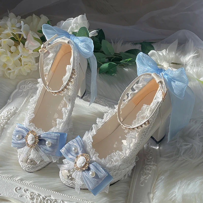 Original Handmade Lolita High Heels Heavy Industry Feather Stitching Pearl Bow Lace Platform Shoes Round Head Princess Heels
