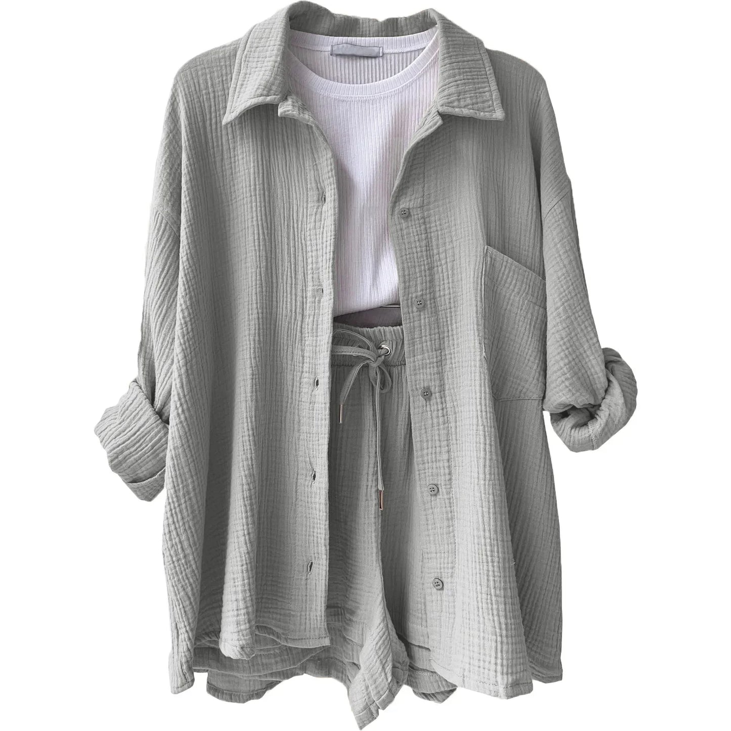 Short Sets Women Tracksuit Single Breasted Cardigan Blouses Two Pieces Shorts Loose Button High Street Solid Pockets Folds