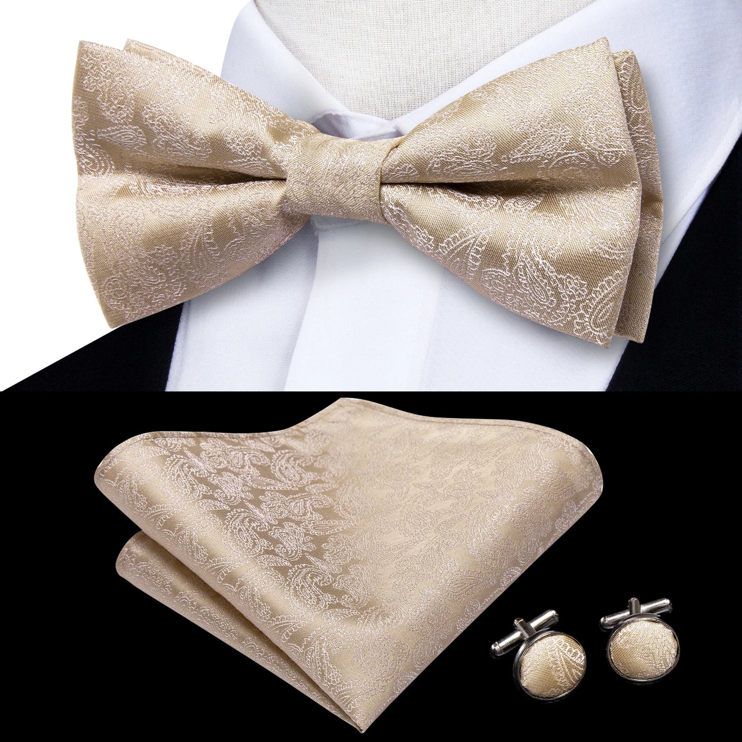 Hi-Tie Pink Dot Silk Mens Pre-tied Bow Tie Hanky Cufflink Set Dusty Pink Butterfly Knot Bowtie for Male Wedding Business