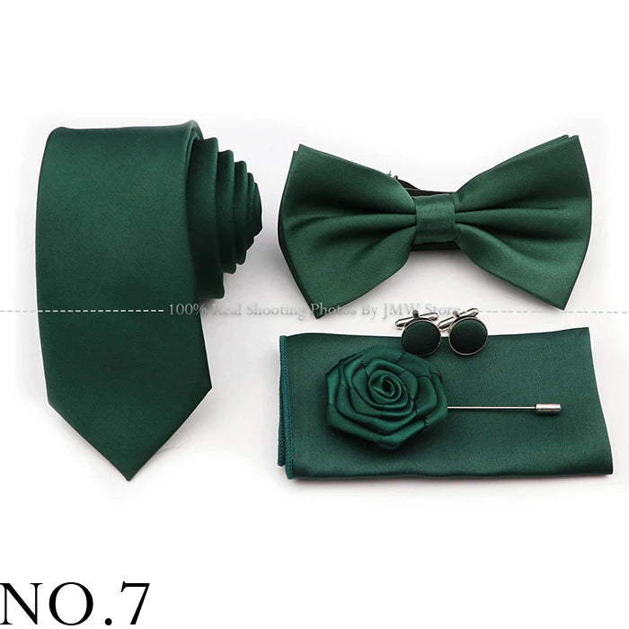 Hot Sale Purple Pink Sage Green Tie Set Polyester Necktie Bowtie Cufflink Brooch For Groom Suit Wedding Cravat Shirt Accessory