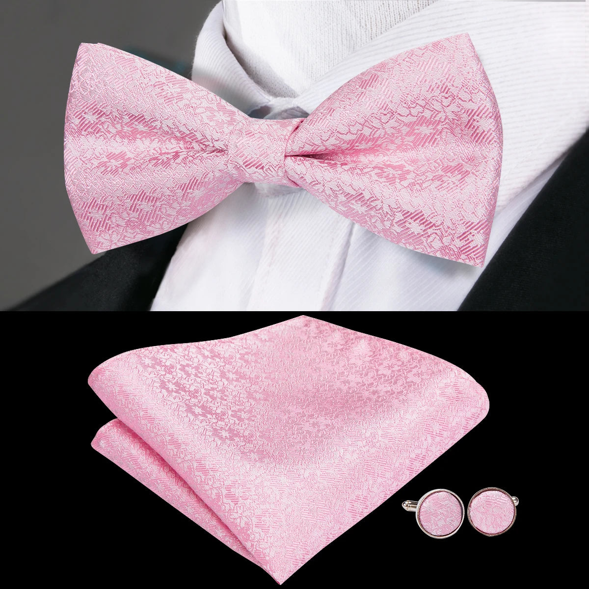 Hi-Tie Pink Dot Silk Mens Pre-tied Bow Tie Hanky Cufflink Set Dusty Pink Butterfly Knot Bowtie for Male Wedding Business