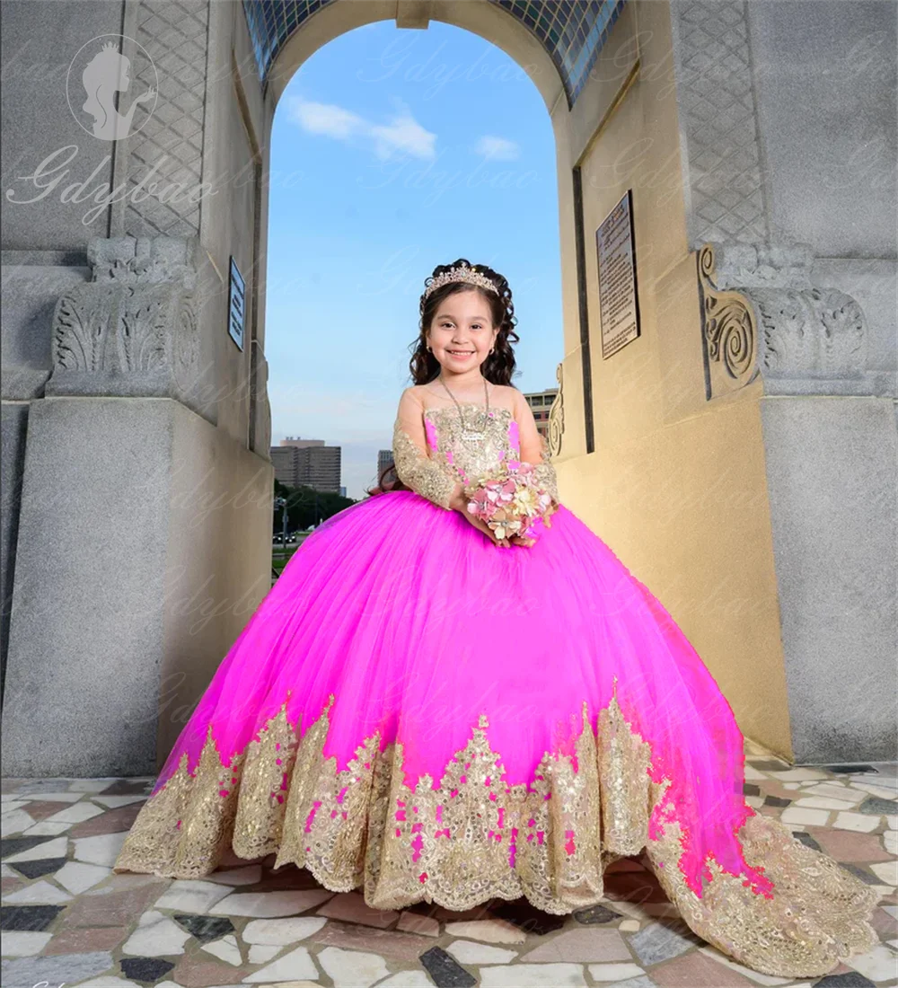 Wedding Long Sleeves Flower Girl Dresses Golden Decal Tulle Children's Bow Party Birthday Pageant Robe Holy First Communion