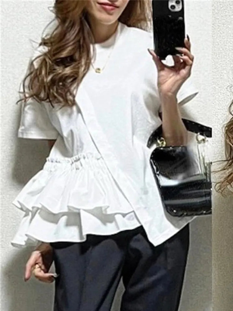 2024 New Short Sleeve Tshirts Women Ruffles Patchwork Asymmetrical Fashion T Shirts High Street Casual All-match Tops