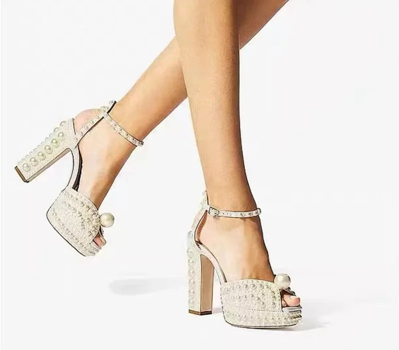 Shoes for Women Beaded Thick Heel Fish Mouth Sandals 35-41 High Heel Waterproof Platform Women's Shoes Wedding