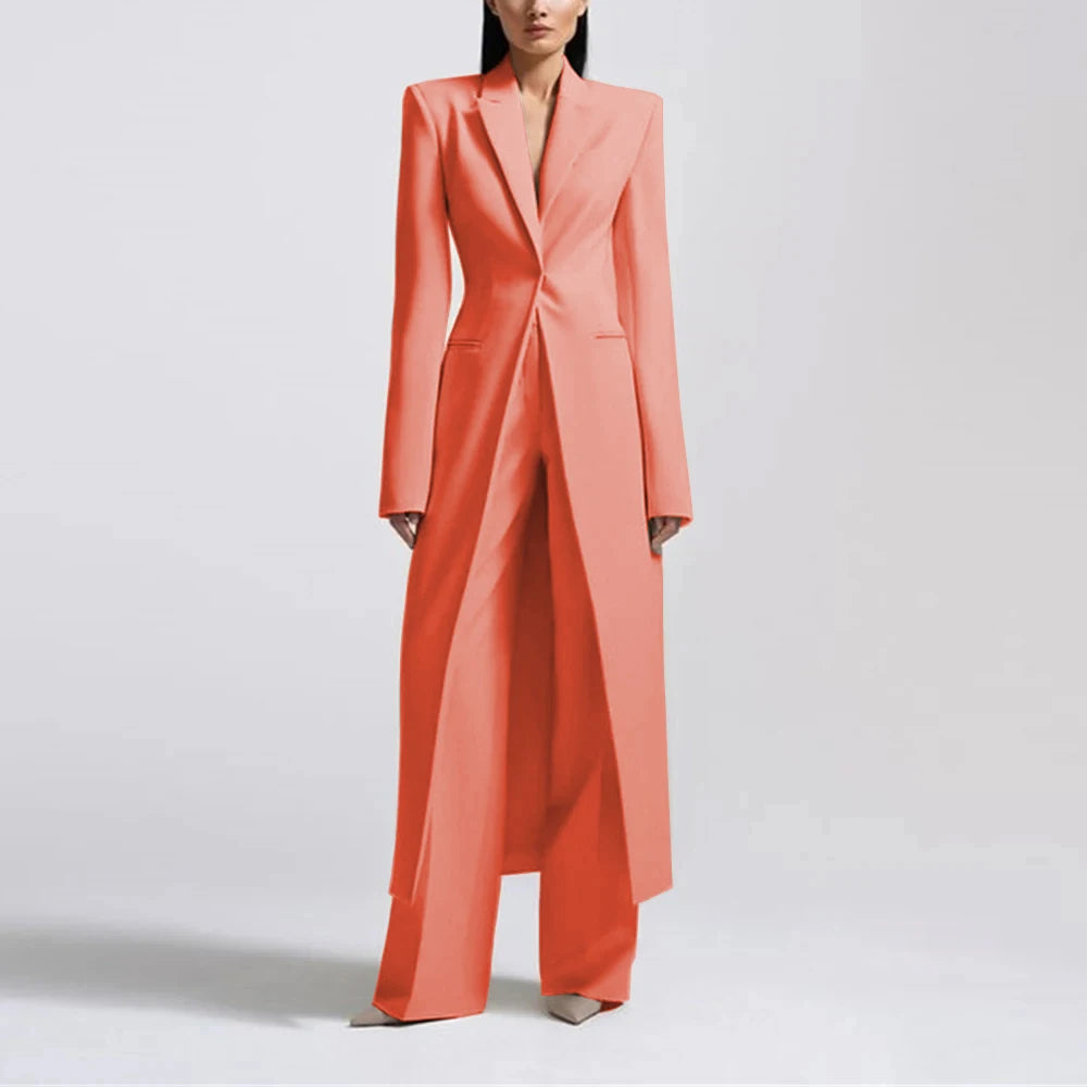 Fashion Beige Women's Blazer PantsSuit Peak Lapel Long Coat Wedding Formal Suits Office Lady Jacket Pant 2 Piece