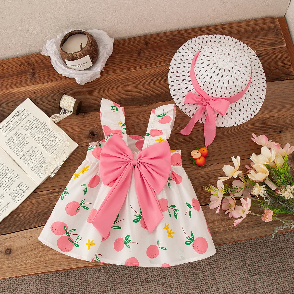 Baby Girl Dresses 2 Pieces Set Princess Hat Dress Summer New Girl Clothing Fruit Printed Bow Sweet Beach Party Baby Clothing