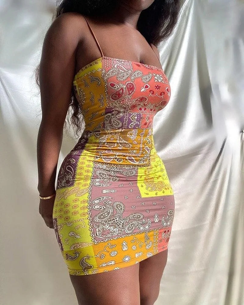 Summer Clothing Women Fashion Sexy Hijab Print Spaghetti Strap Dress Casual Beach Sleeveless Club Slim Fit Party Mini Dress