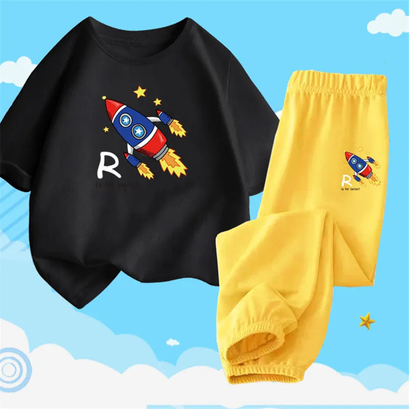 Boys Summer Clothes Set Kids Cartoon Space T shirts+Loose Harlan pants Suit 2PCS Pack Teens Sports Clothing Sets