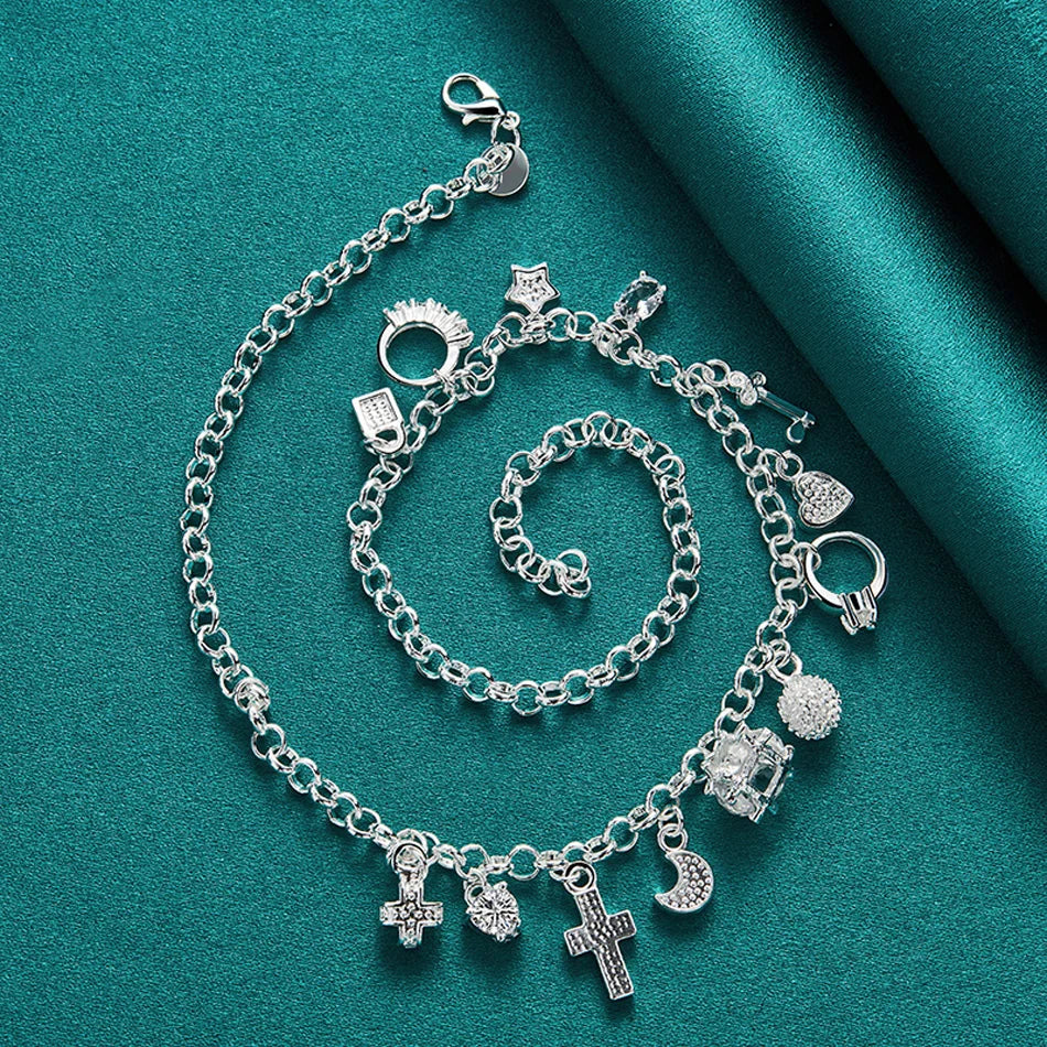 URMYLADY 925 Sterling Silver Ring/Cross/Star/Moon Necklace Bracelet Set For Women Wedding Party Fashion Charm Jewelry