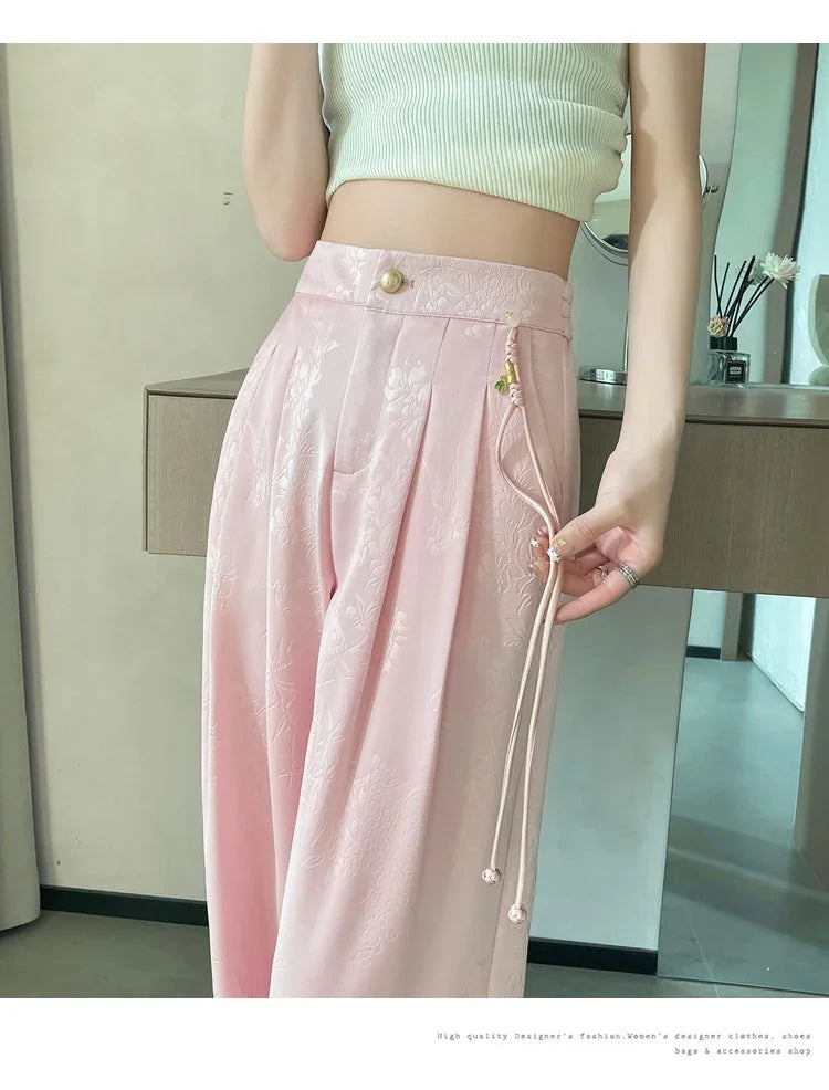 New Chinese Style Jacquard Wide Leg Satin Pants for Women Elegant Solid Office Lady Women's Casual Loose Pants Female