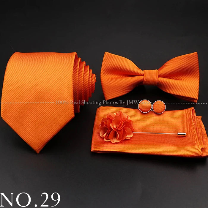 Hot Sale Red Blue Tie Set Polyester Slim Striped Necktie Bowtie Cufflink Brooch For Groom Suit Wedding Cravat Shirt Accessory