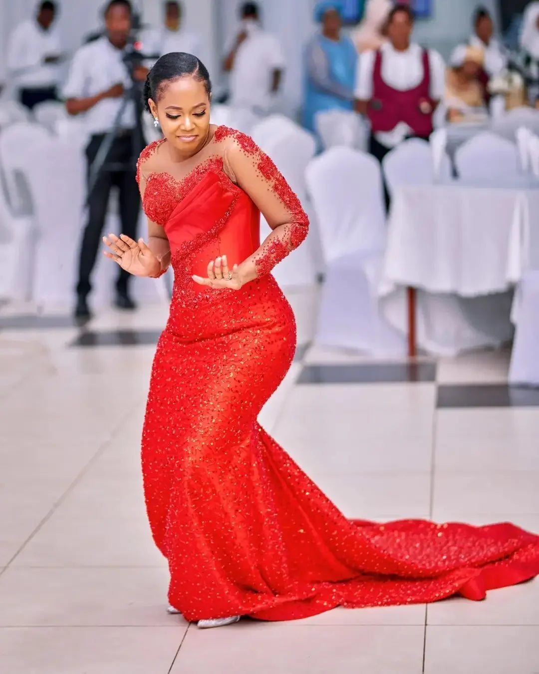 Gorgeous African Red Prom Gown Asoebi Wedding Party Gown Bridal Dress Sheer Long Sleeves Beaded Lace Formal Occasion Dresses
