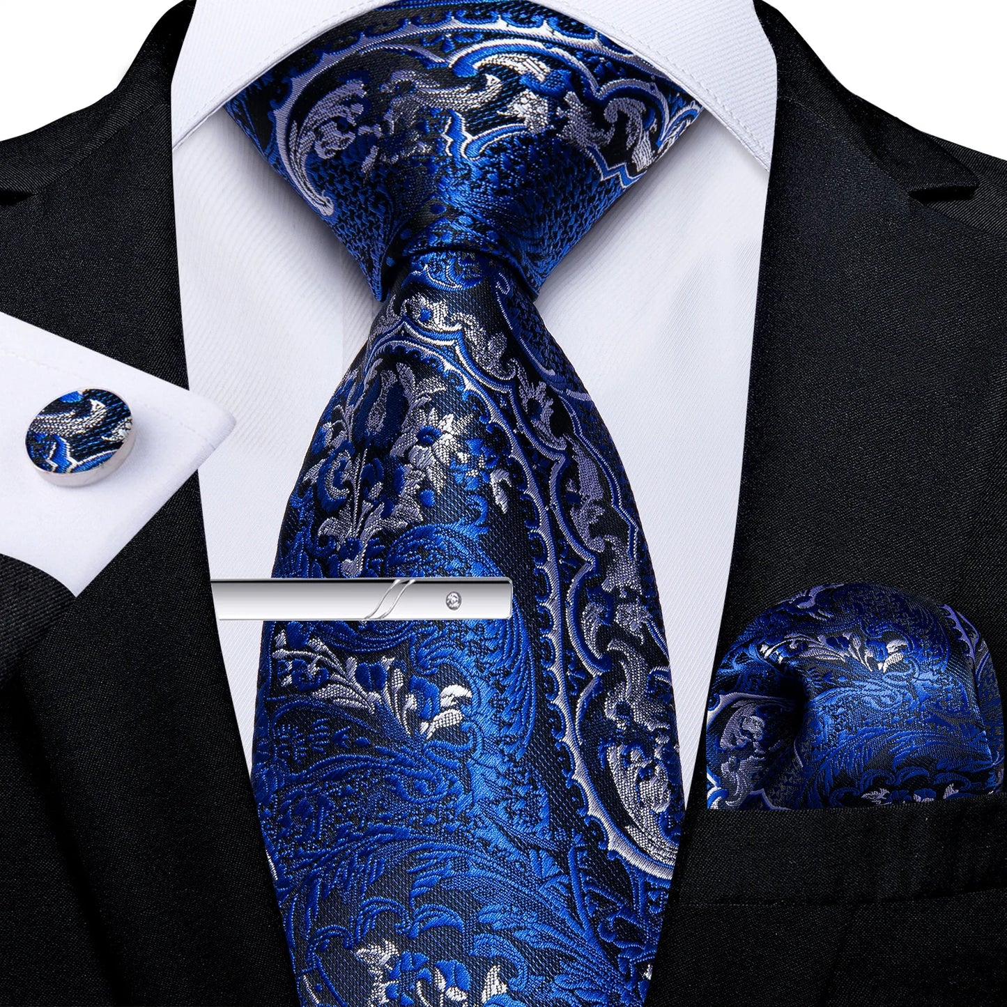 Men's Tie Set with Clip Luxury Retro Red Blue Floral 8cm Necktie Handkerchief Cufflinks Wedding Party Business Accessories Gift