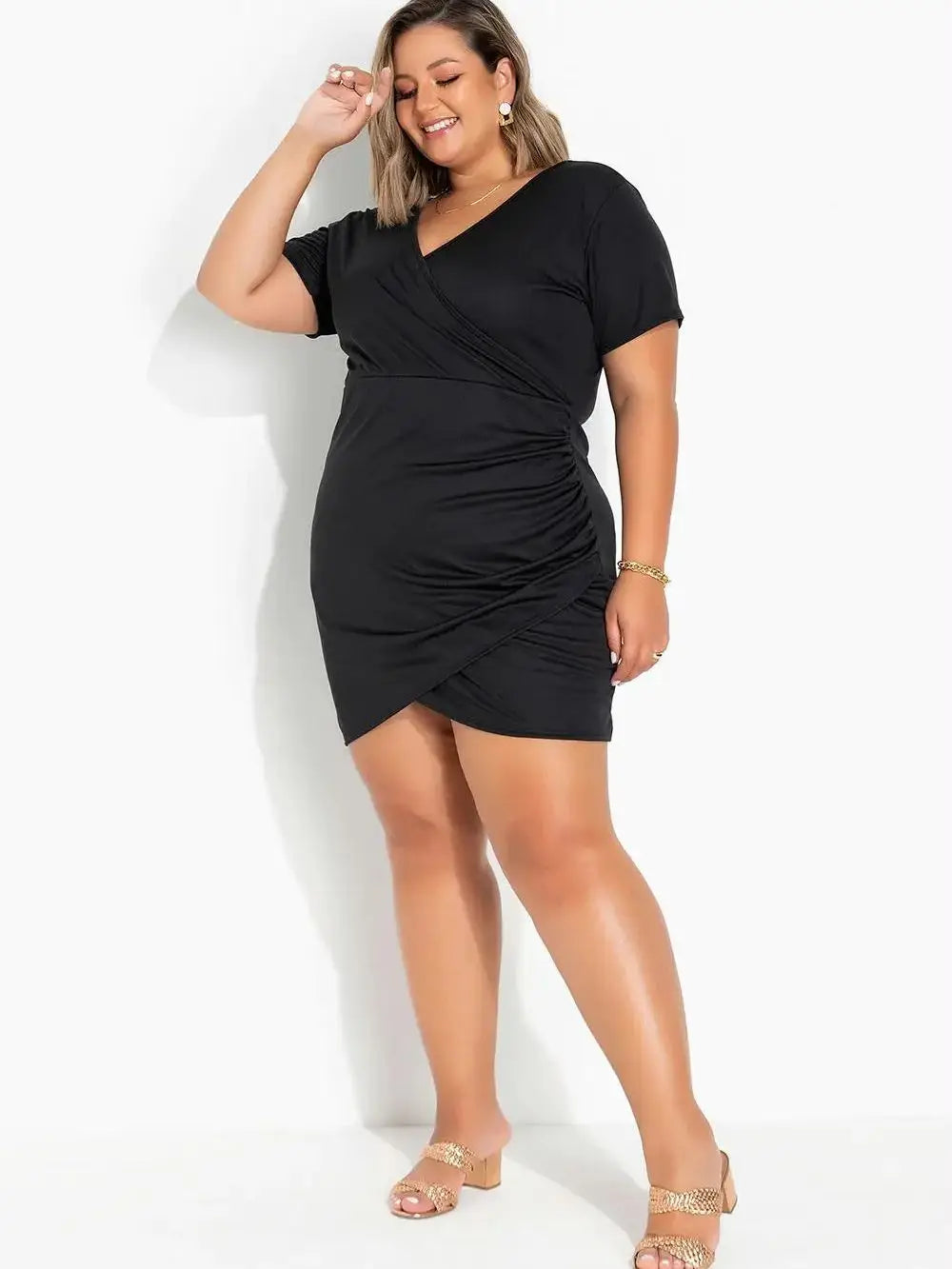 Plus Size1XL-5XL Solid Color Package Hip Dress V-neck Cross-fold Irregular Mini Dress Business Office Wear Sexy Elegant Fashion