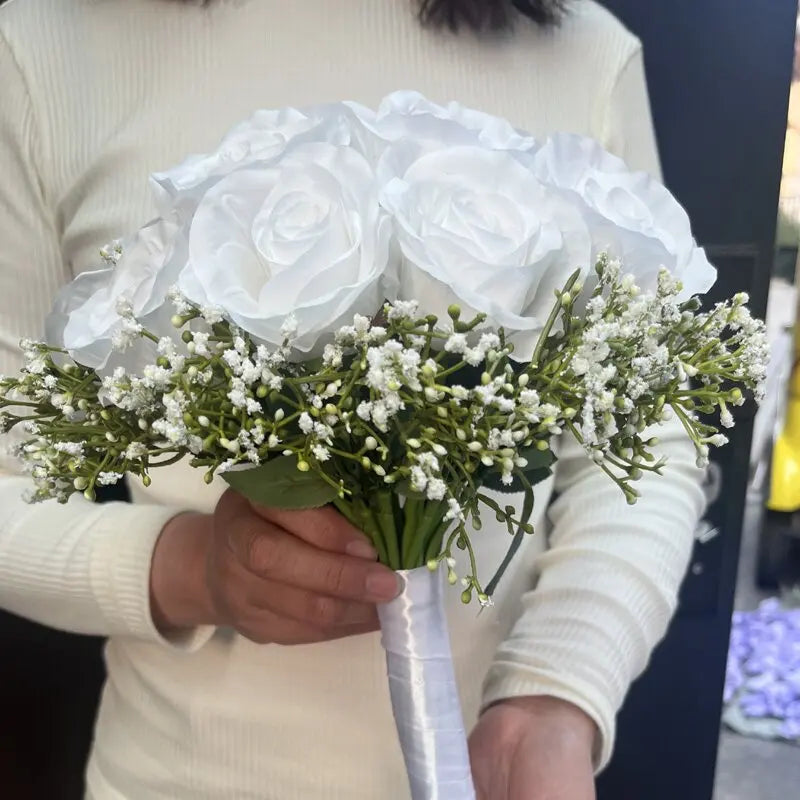Wedding Flowers Bridal Bouquet Bridesmaids Silk Roses Fake Babys Breath Bride Wedding Accessories Table Centerpiece Decoration