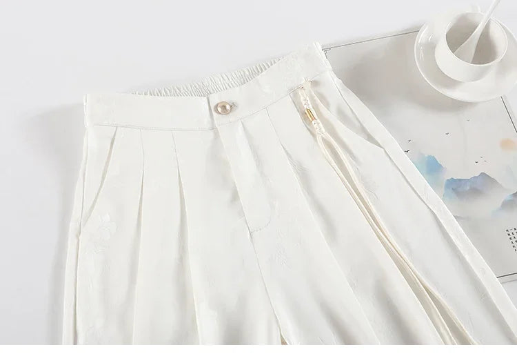 New Chinese Style Jacquard Wide Leg Satin Pants for Women Elegant Solid Office Lady Women's Casual Loose Pants Female