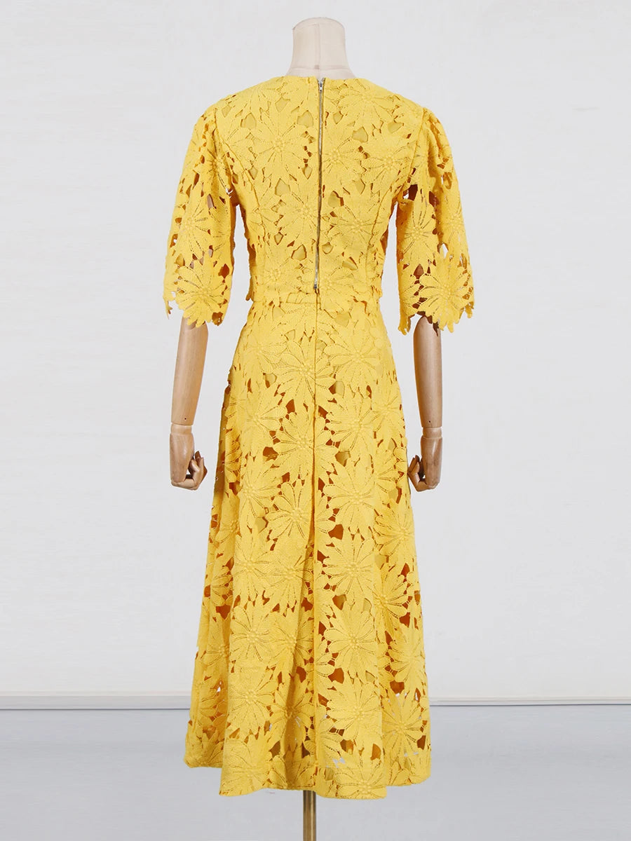 VGH Embroidery Two Piece Set for Women O Neck Batwing Sleeve Top High Waist Hollow Out A Line Long Skirt Elegant Suit Female New