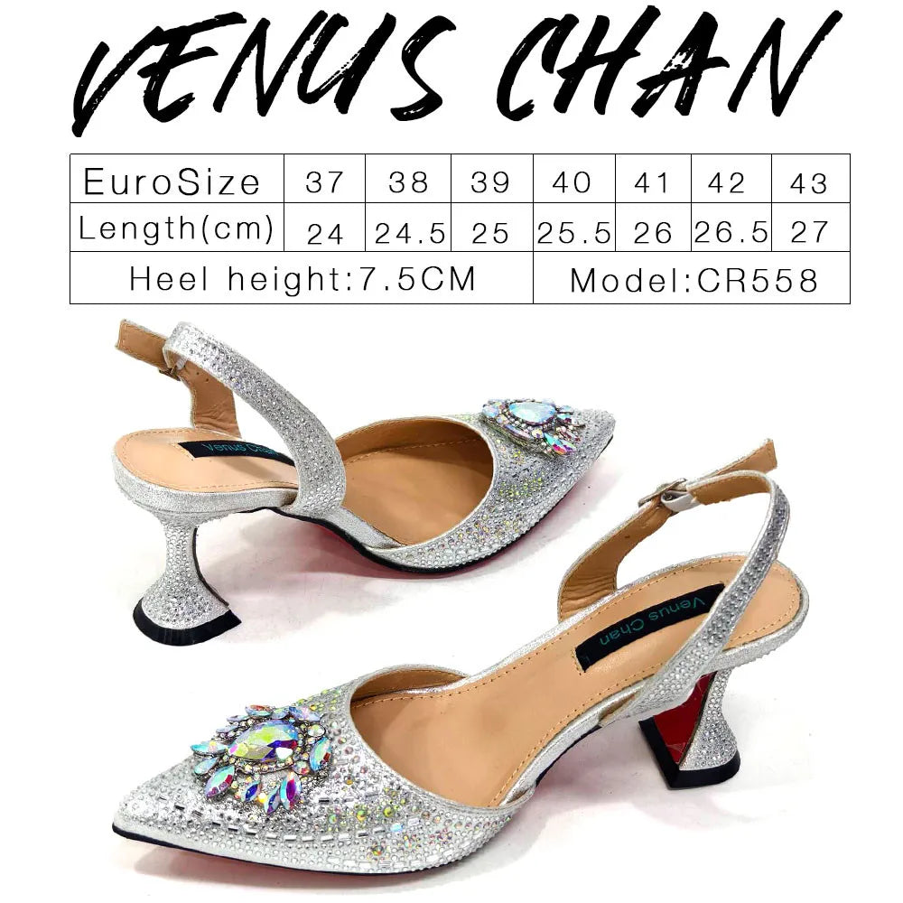 Nigerian Heel Party for Women Blue Color Shoes and Bag Set Rhinestone Handbag Italian Design Wedding INS 2025