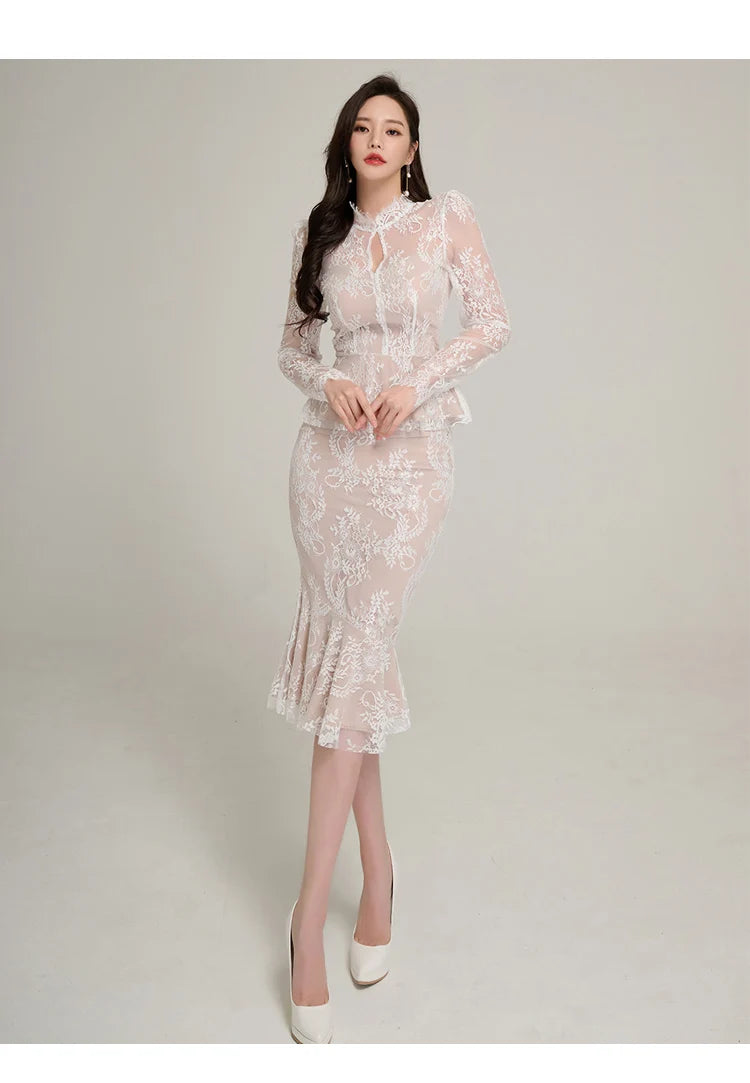 Spring Professional Woman Lace 2 Pieces Set Simple Tops + Vintage High Waist Mermaid Skirt Korean Skirts Suits