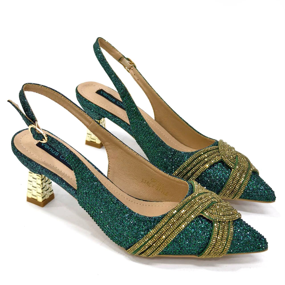 Venus Chan 2024 Special Design High Quality Orange Color African Women Shoes and Bag Set with Shinning Crystal for Wedding Party
