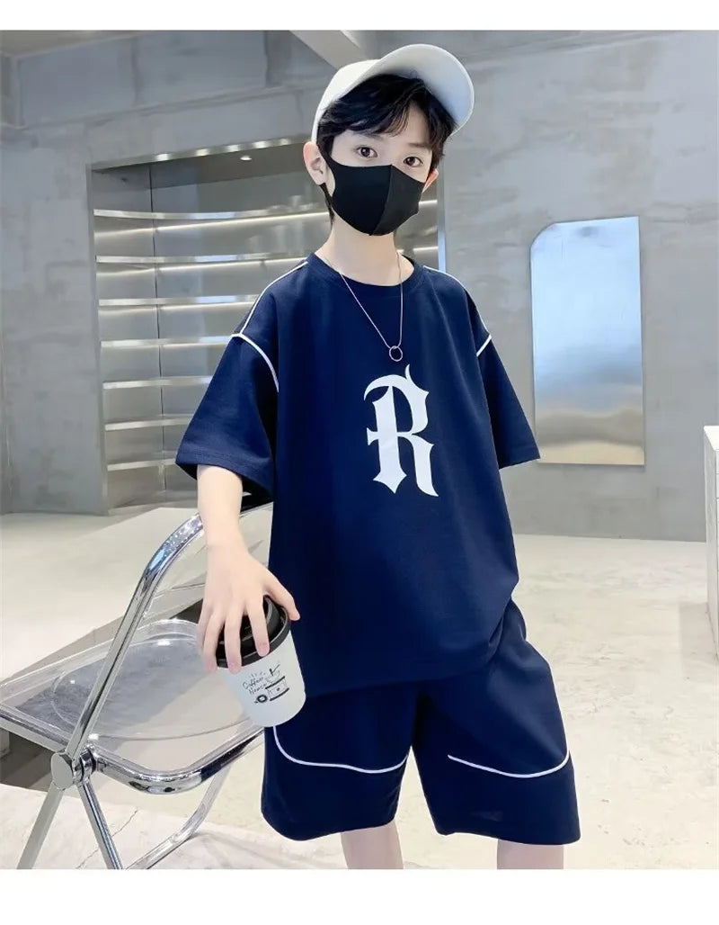 Boys Loose Casual Clothing Sets Summer Big Kids Sportwear Suits Short Sleeve Tops+Shorts 2Pcs Children Fashion Outfits 5-14 Year