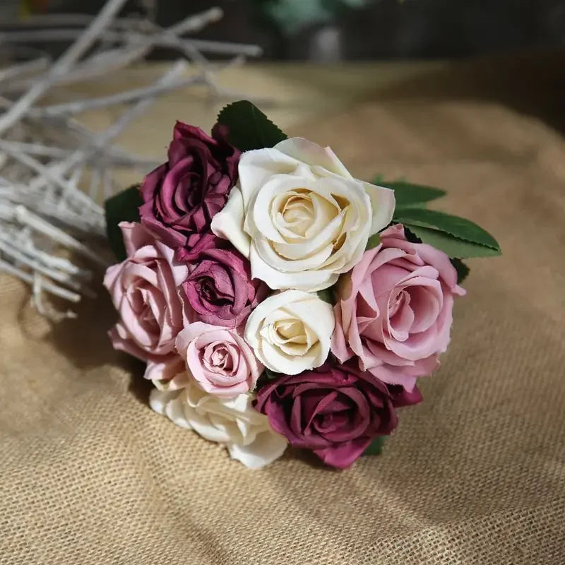 9 Head Artificial Bouquet Rose Bouquet Wedding Decor Artificial Flower Home Decoration Accessories Silk Flowers