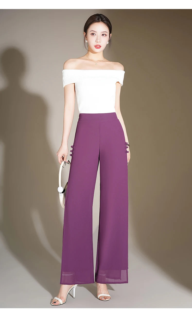ZUZK Slit Chiffon Long Pants Summer Comfortable Elastic Waist Slim Double Layer Chiffon Pants Chic Droop Chinese Style Pants