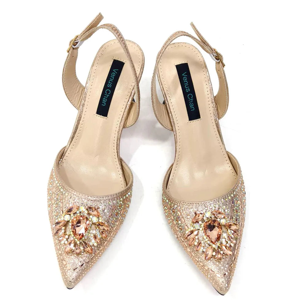 Nigerian Heel Party for Women Blue Color Shoes and Bag Set Rhinestone Handbag Italian Design Wedding INS 2025