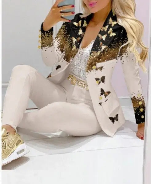 Fashion Butterfly Print Blazer Suit and Pants Two Piece Set for Women 2023 Autumn Winter Outfit Office Lady Casual Clothing