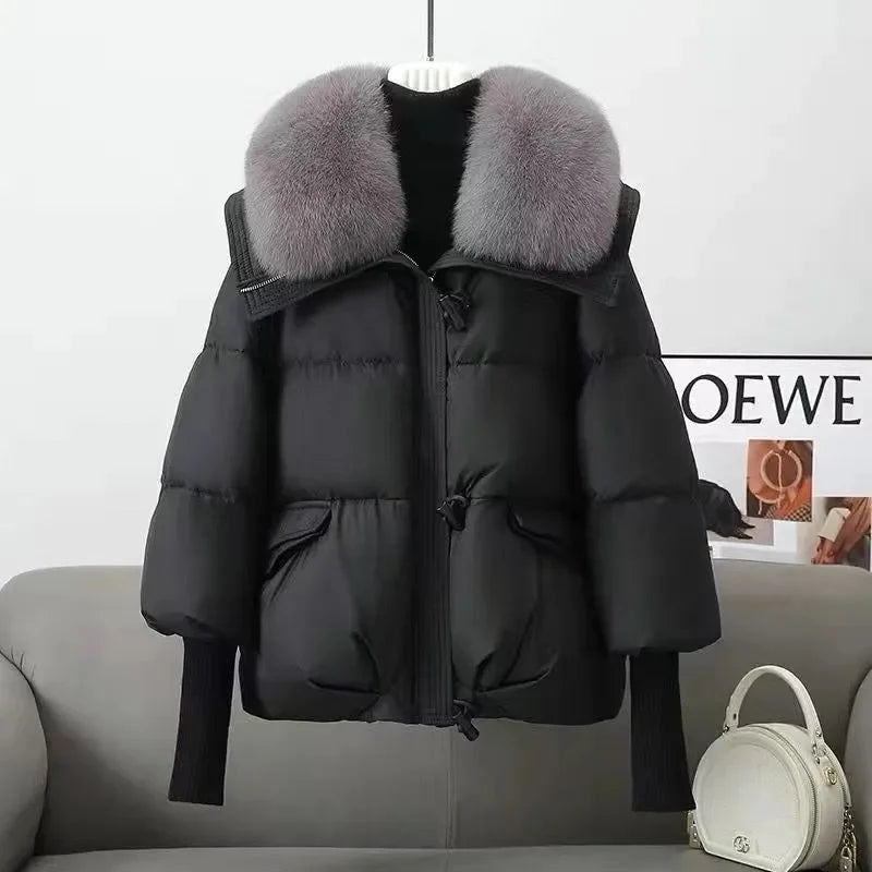 2025 Down Jacket Women Winter Coat New Fashion Warm Thick Short Loose Cotton Splicing Fur Collar Quilted Coat Women Clothing