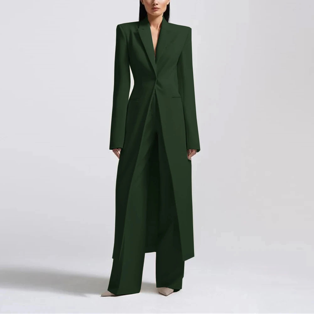 Fashion Beige Women's Blazer PantsSuit Peak Lapel Long Coat Wedding Formal Suits Office Lady Jacket Pant 2 Piece