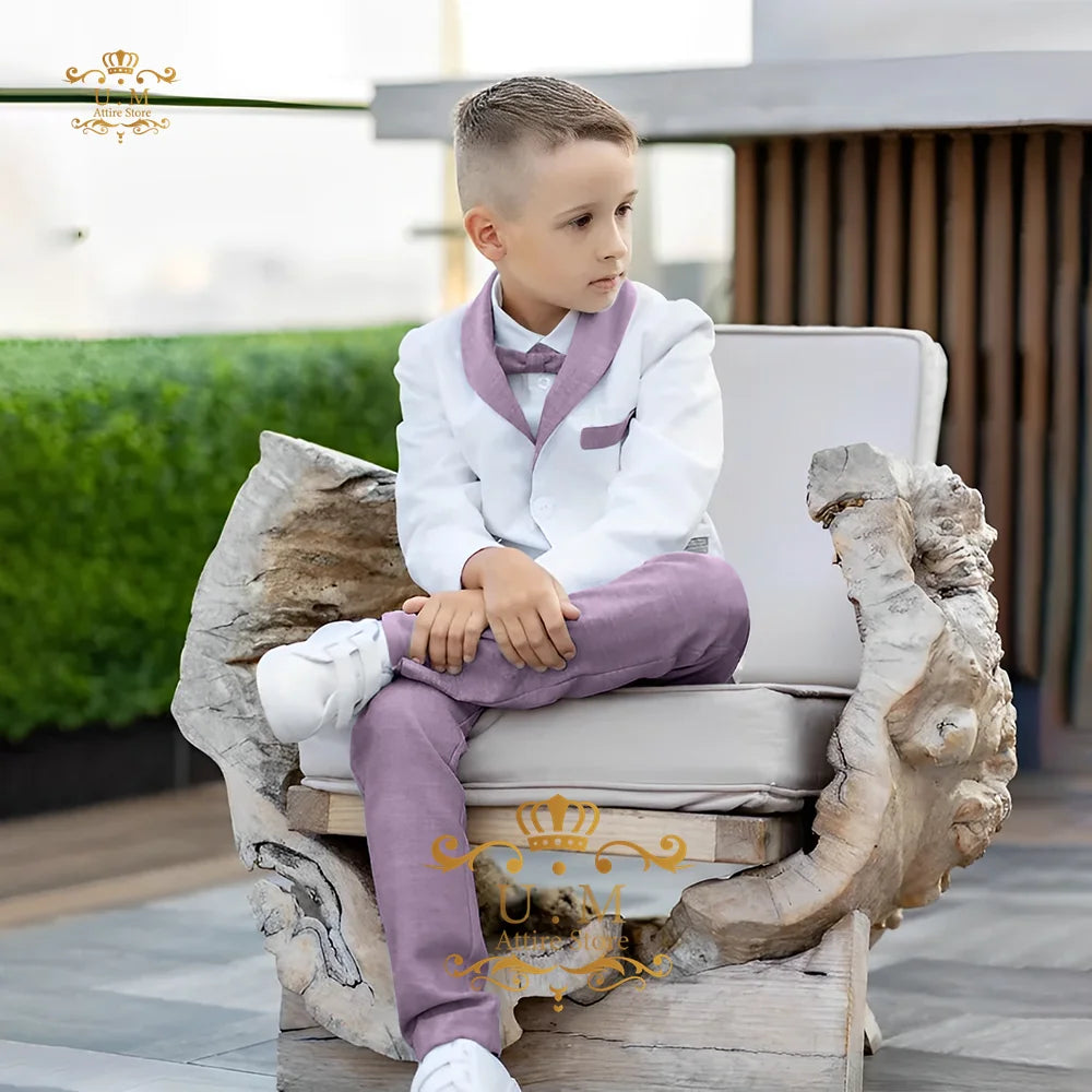 Boys' Linen Suit 2-piece set white Jacket Grey Pants Toddler first communion Outfit, pageboy formal set for wedding ring bearer