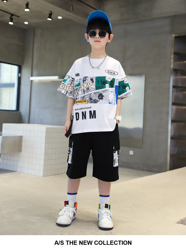 Summer Boys Cotton Alphabet Picture Printed T-Shirt Tops+Shorts Pant School Kids 2PCS Tracksuit Child Outfits Workout Set 3-16Yr