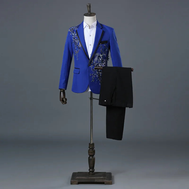 COLDKER Elegant Appliqued Mens Suits Slim Fit 2 Piece Formal Tuxedo Suits Blazer Pants with Bow Tie for Wedding Prom