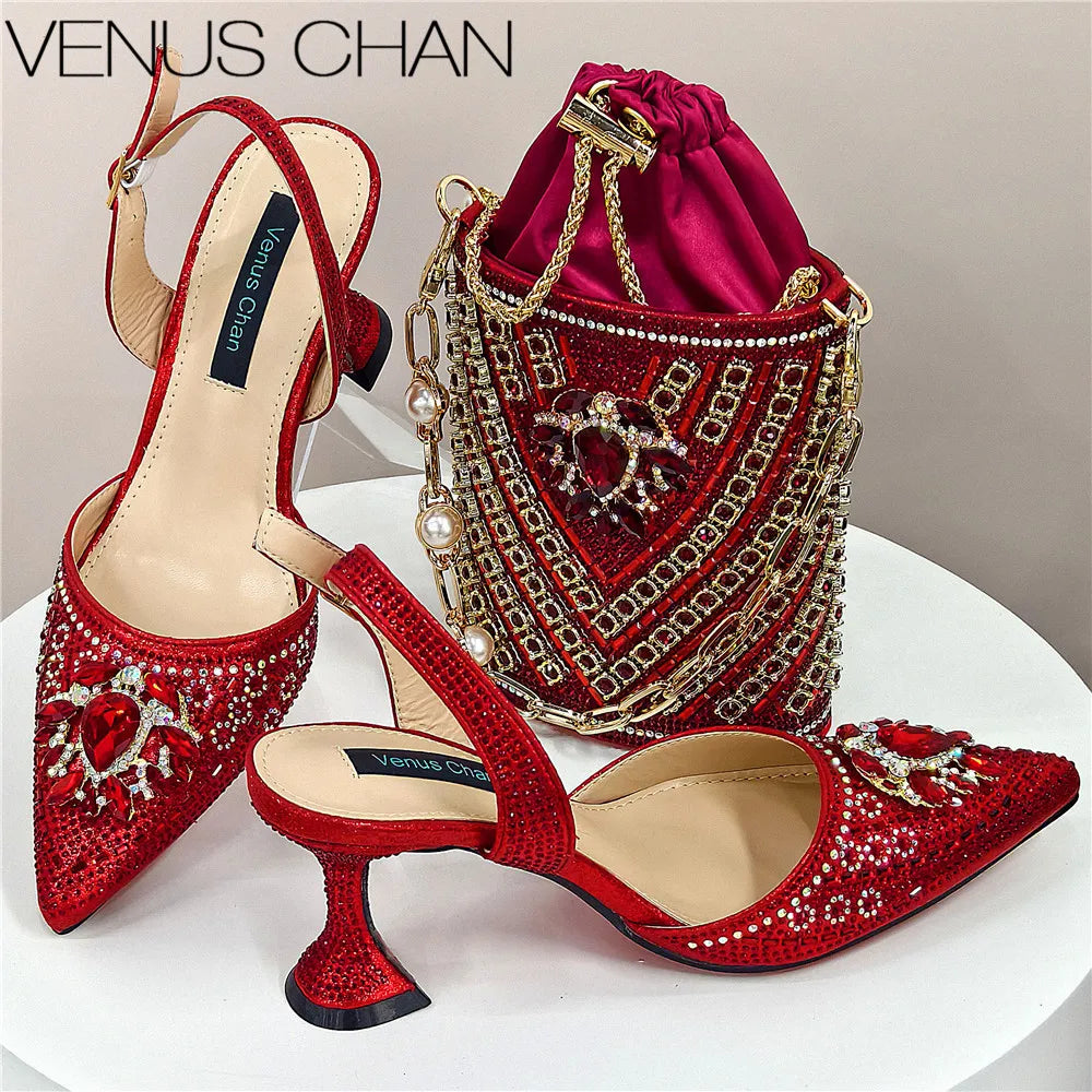 Nigerian Heel Party for Women Blue Color Shoes and Bag Set Rhinestone Handbag Italian Design Wedding INS 2025