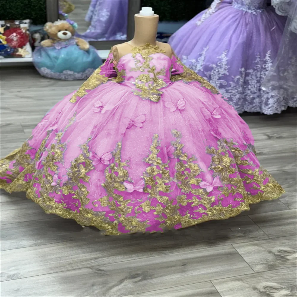 Lavender Flower Girls Dress Luxury With Bow Beading Butterfly Ball Gown Flowers Golden Applique For Birthday Party Gown