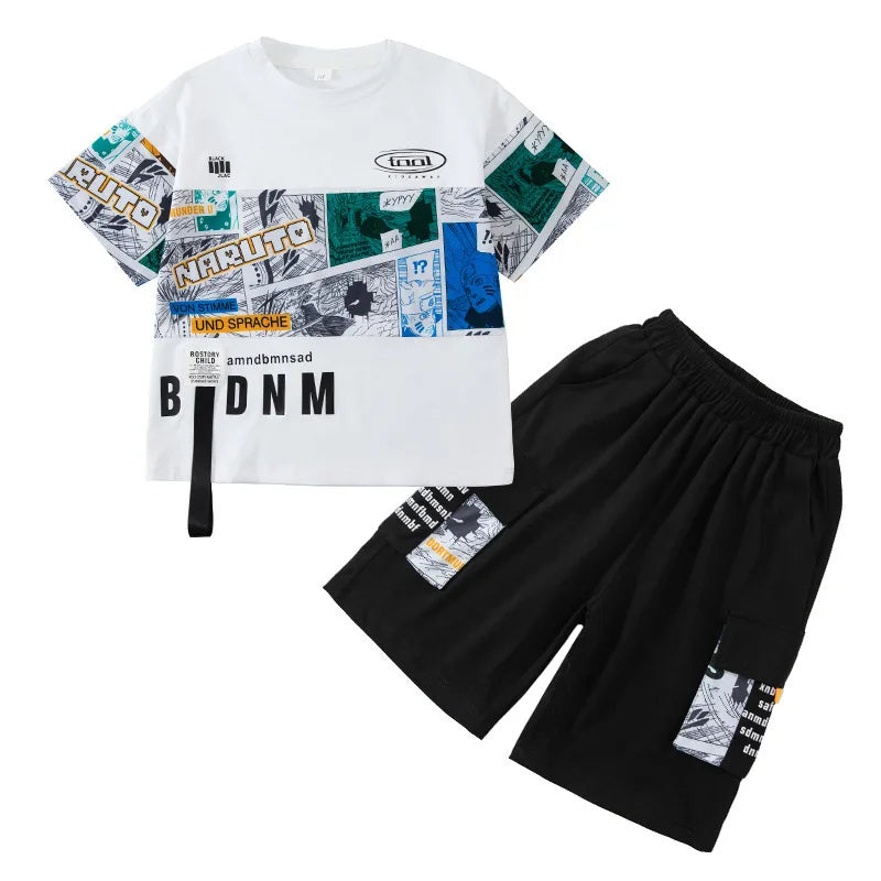 Summer Boys Cotton Alphabet Picture Printed T-Shirt Tops+Shorts Pant School Kids 2PCS Tracksuit Child Outfits Workout Set 3-16Yr
