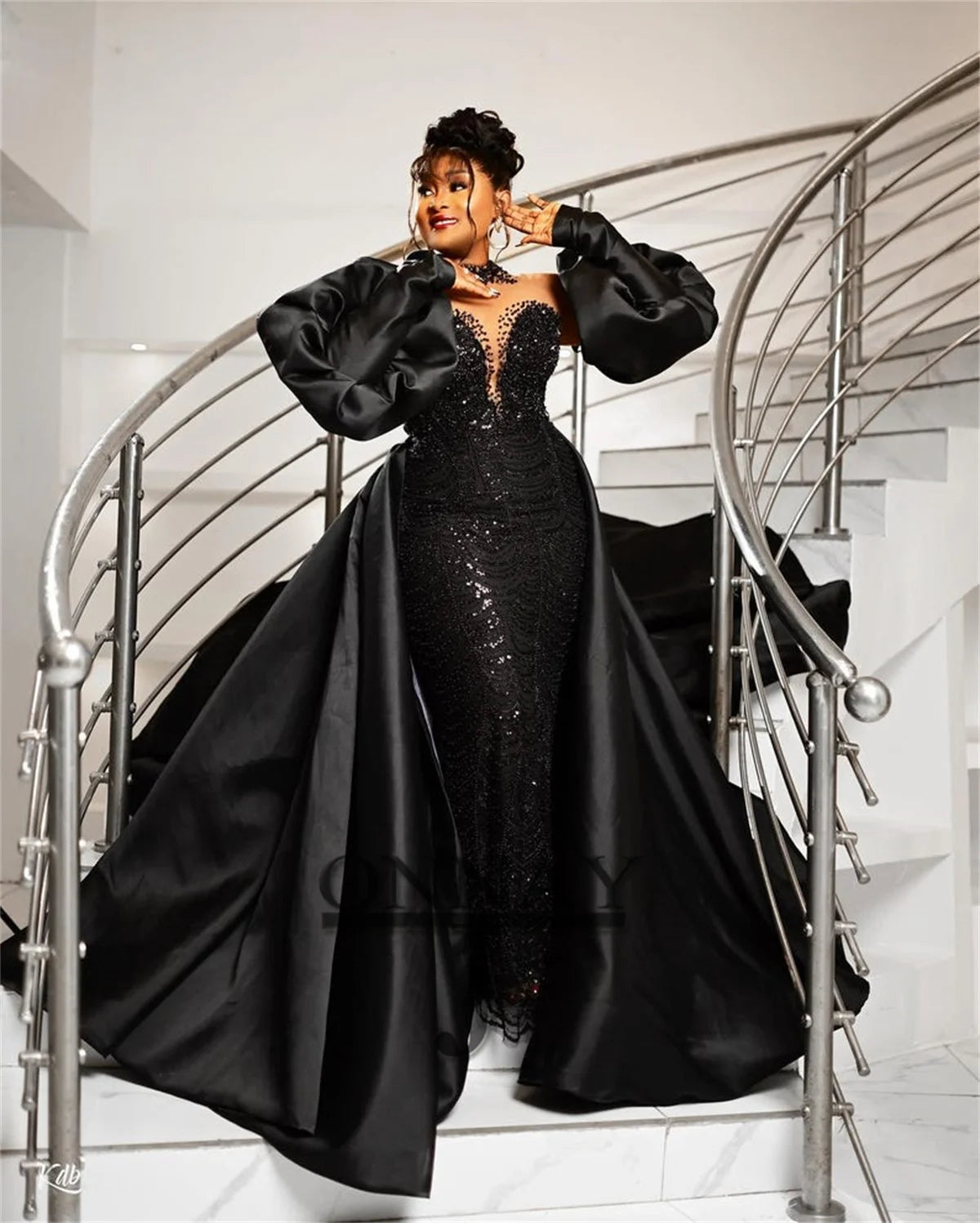 Customized Black Prom Dresses for African Women Detachable Train Saudi Arabric Gala Bespoke Gown Evening Vestidos De Fiesta