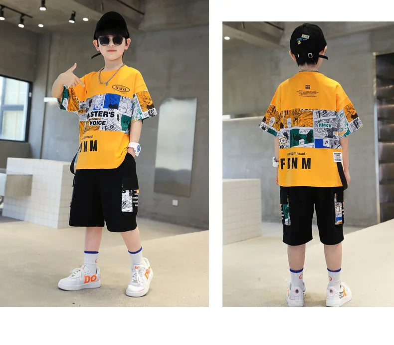 Summer Boys Cotton Alphabet Picture Printed T-Shirt Tops+Shorts Pant School Kids 2PCS Tracksuit Child Outfits Workout Set 3-16Yr